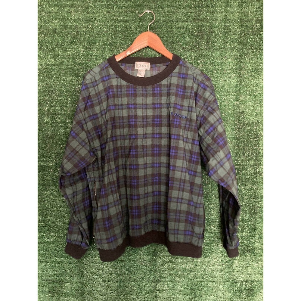 Izod Men's Green Black Plaid Crew Neck Long Sleeve Pullover Soft Shell Jacket M